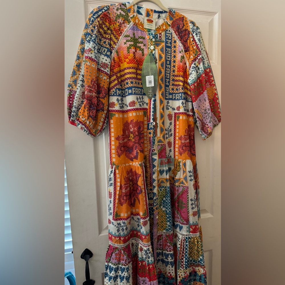 Farm Rio NWT Patchwork Floral Eyelet Maxi Dress Colorful Boho Size S